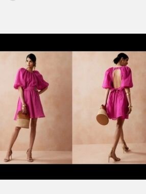 New Banana Republic Ramie Puff Sleeve Backless Linen Dress Zs L